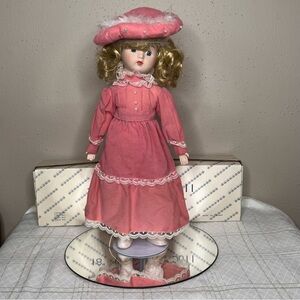 Vintage Porcelain Doll Collectible With Pink Dress 17”